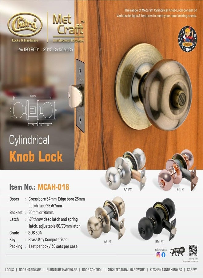 Met Craft SS304 Room Door Knob Lock - with 3 Brass Computerised Key Cylindrical Lock for Bedroom/Main Door/Tubular Door Knob/Handle (Black Matt, 70 mm Backset) - Image 5